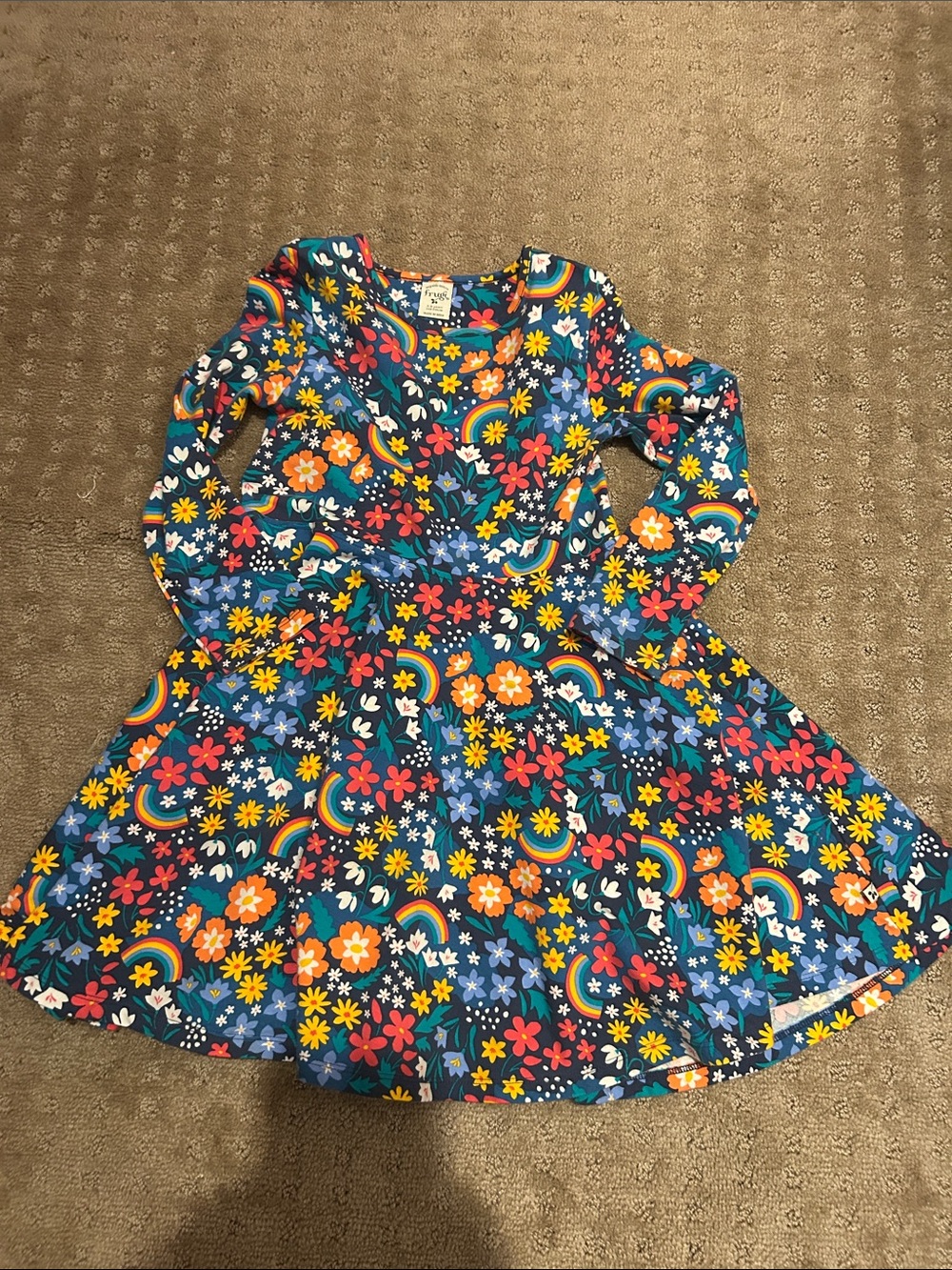 Frugi Organic Cotton Girls' Floral Rainbow Long-Sleeve Twirl Dress - Navy
